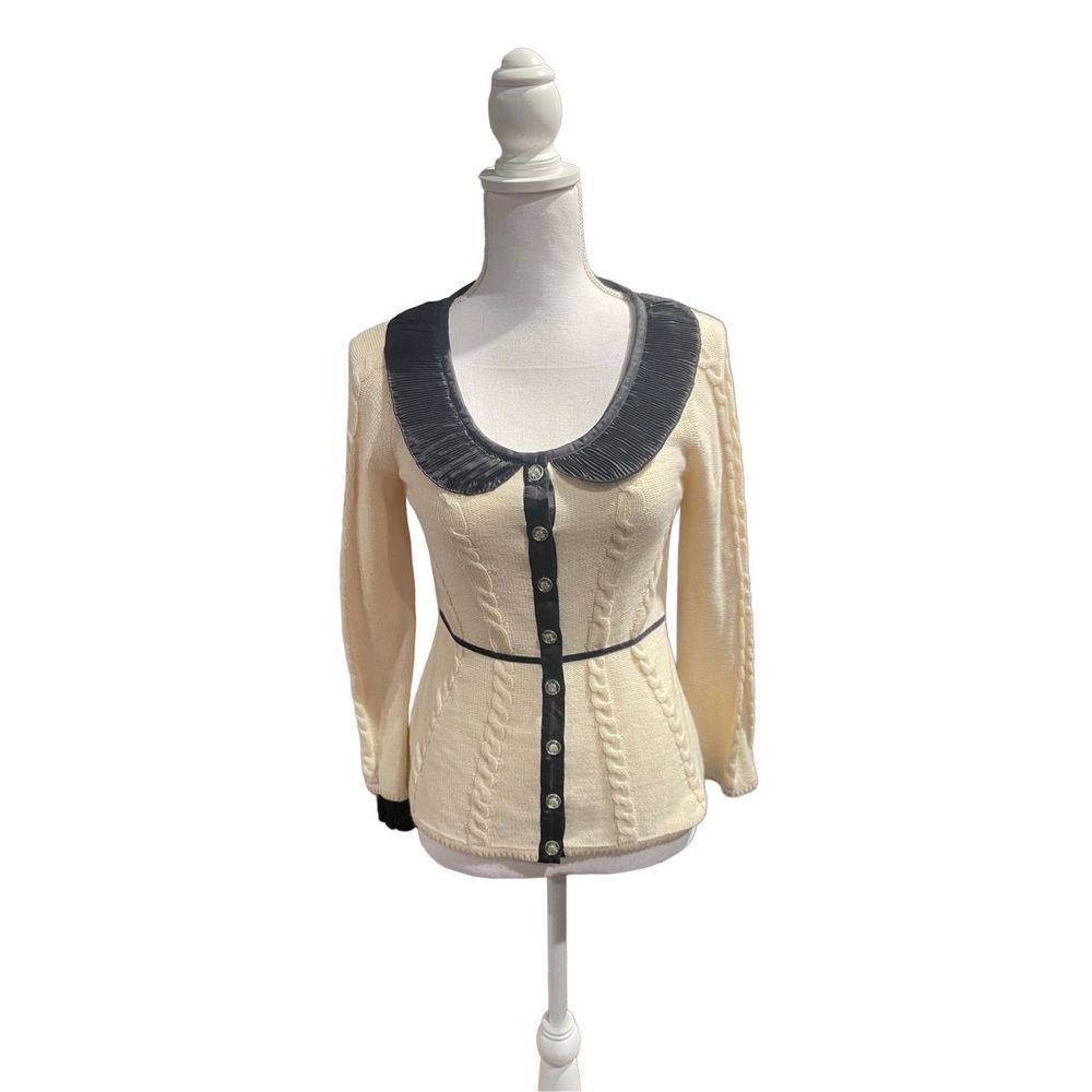 Anthropologie VTG Guinevere  Angora Blend Beige Sweater Black Silk Trim Top Smal